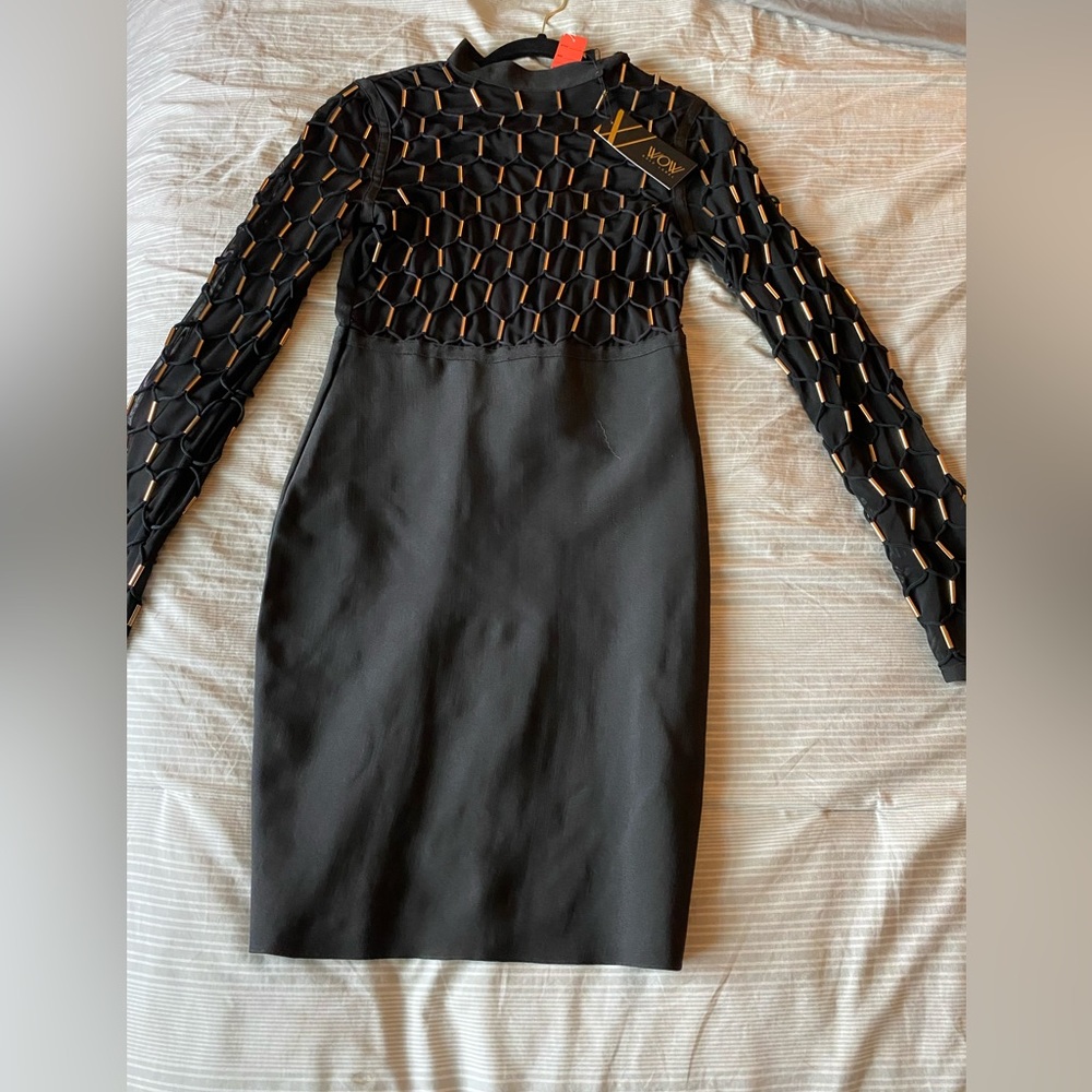 Wow couture black and gold design midi dress